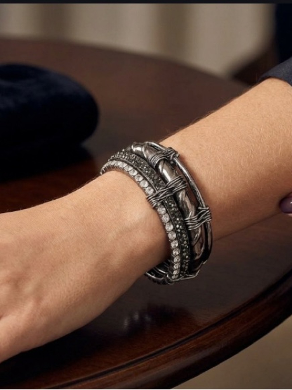 Handcrafted Artisan Silver-Tone Rhinestone Wrapped Bracelet